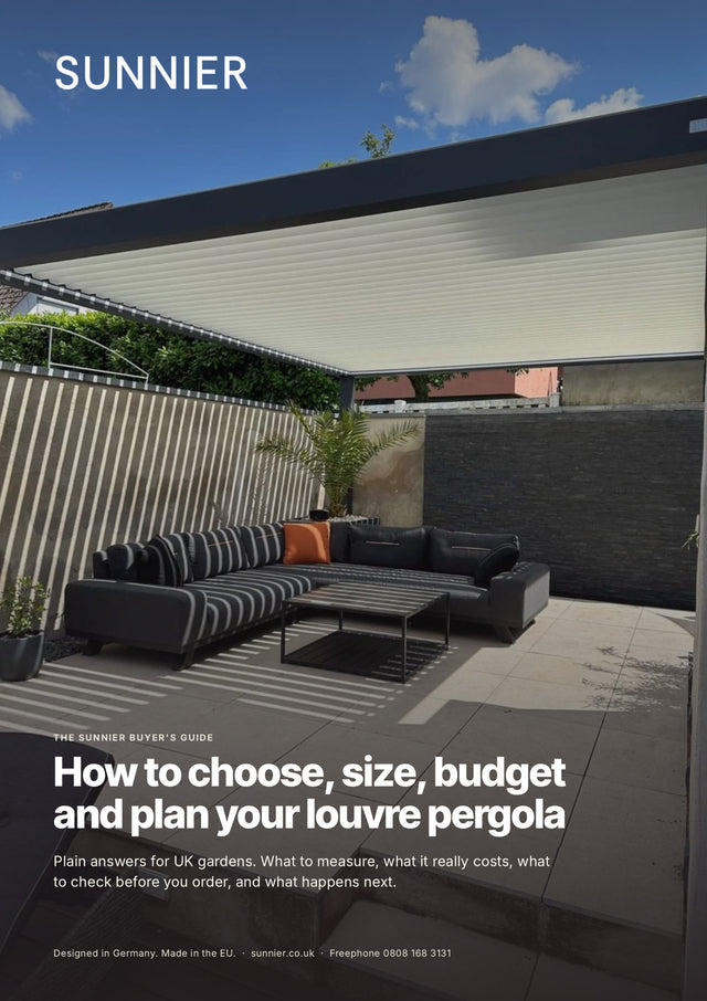 Cover of the Sunnier louvre pergola buyer's guide