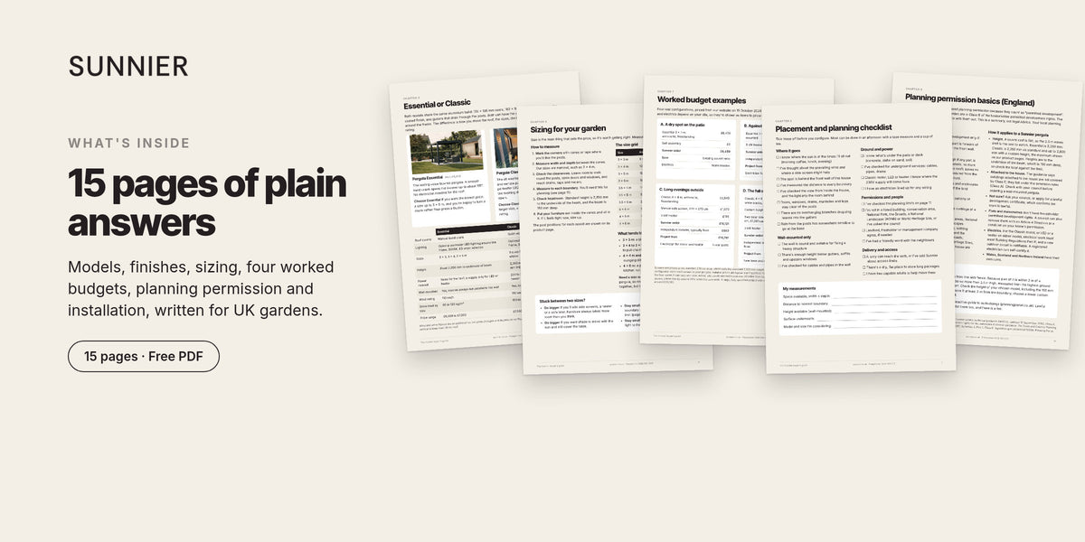 Five pages from the Sunnier buyer's guide: Essential or Classic, sizing, worked budgets, planning checklist and planning permission