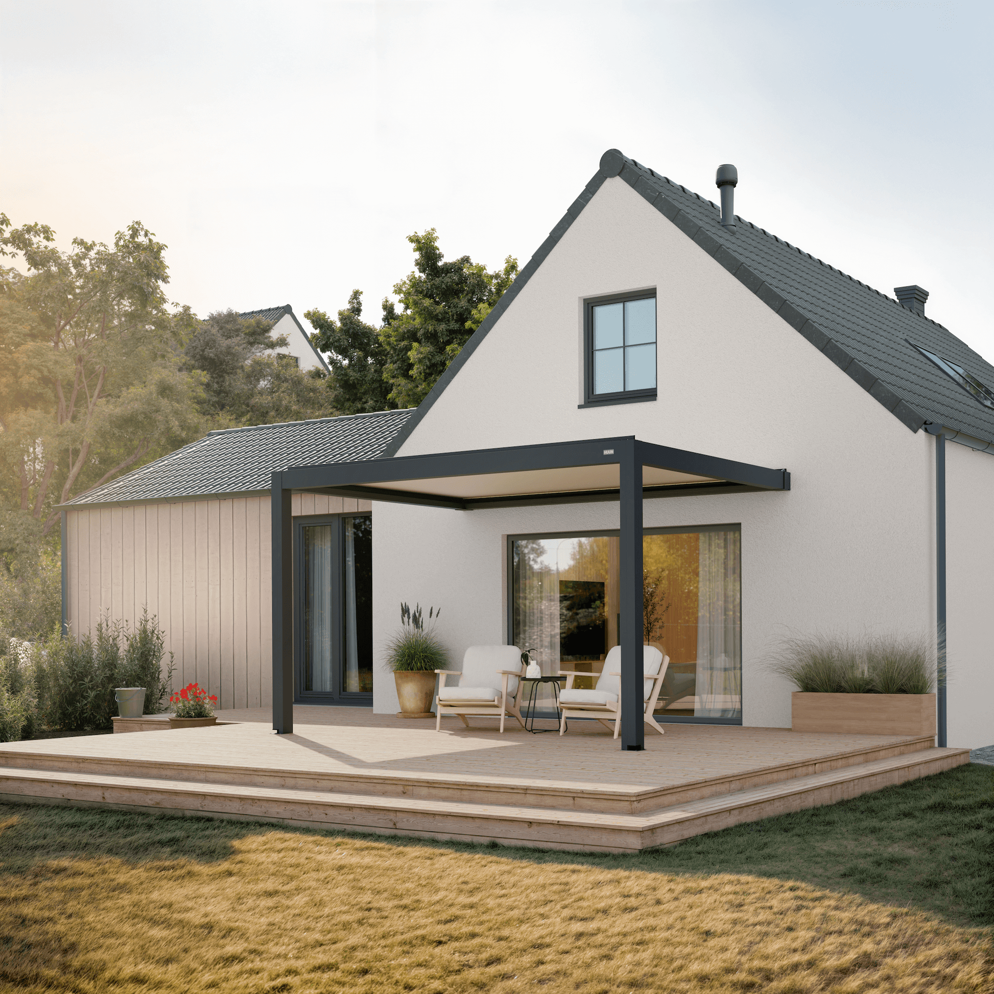 Pergola Classic — 3m x 4m / Anthracite frame / white louvres / Wall-mounted