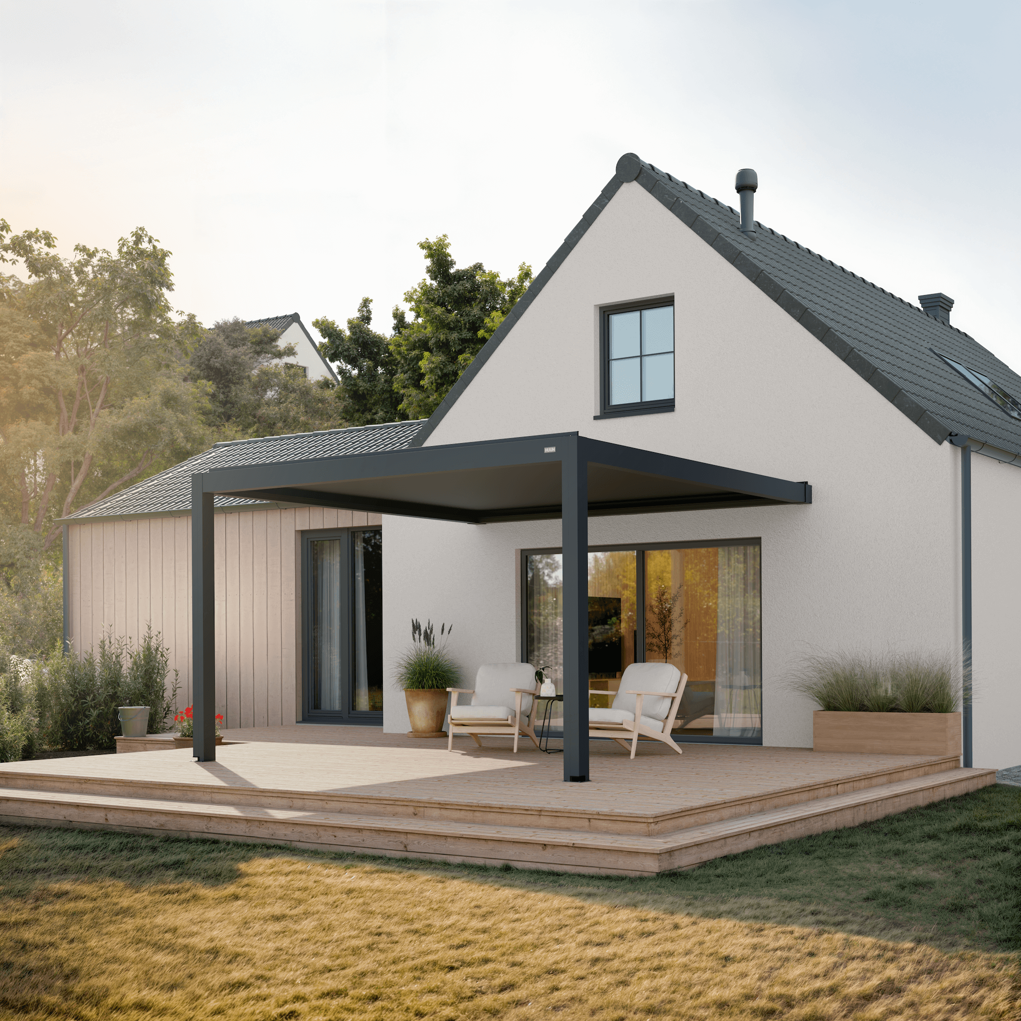 Pergola Classic — 4m x 4m / Anthracite (RAL 7016) / Wall-mounted