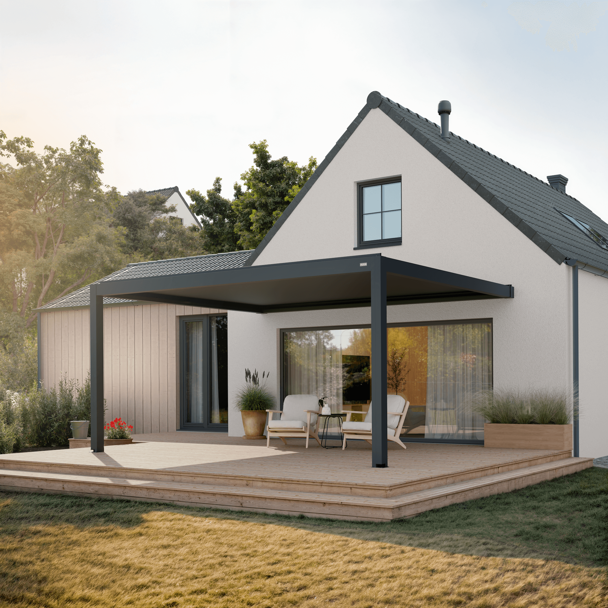 Pergola Classic — 4m x 5m / Anthracite (RAL 7016) / Wall-mounted