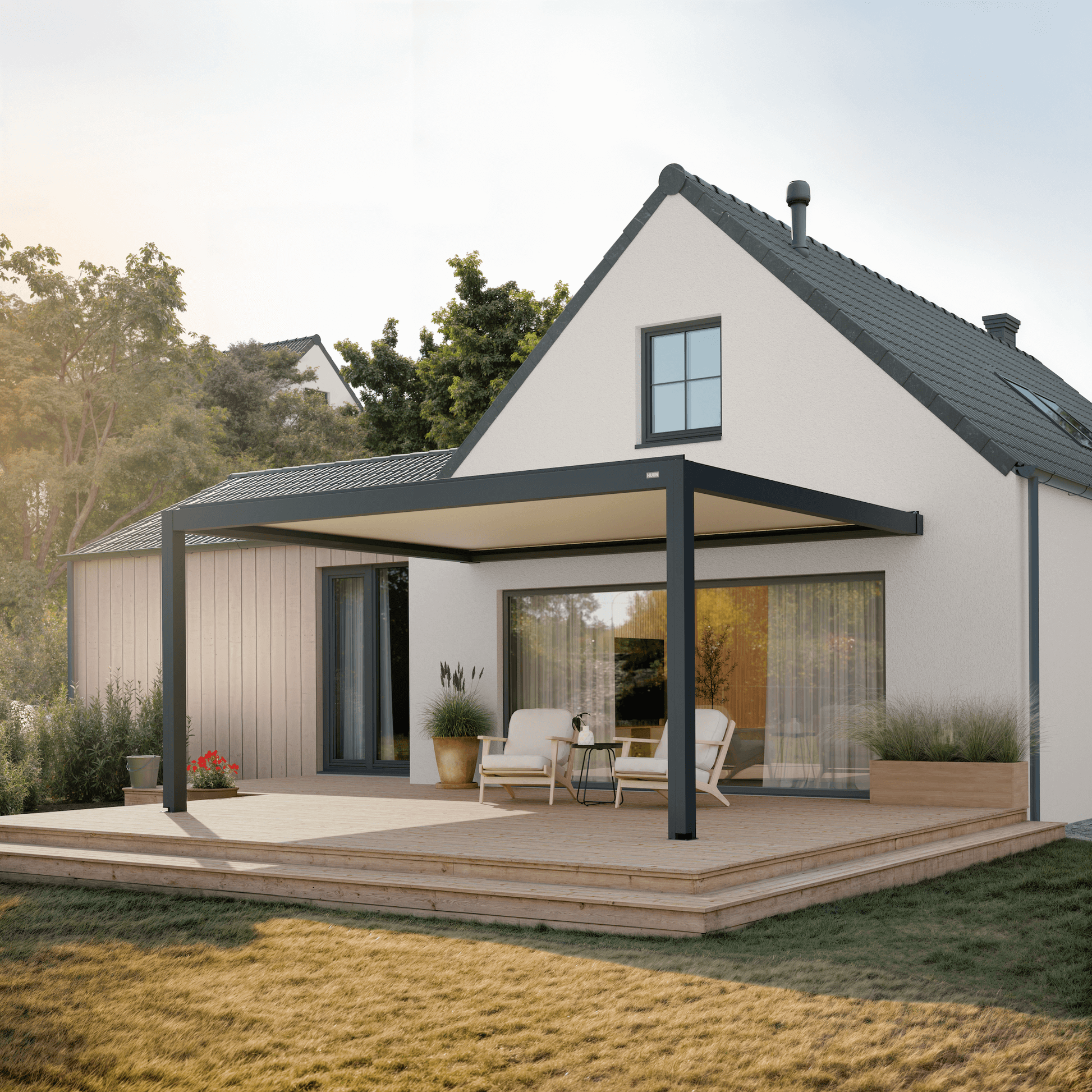 Pergola Classic — 4m x 5m / Anthracite frame / white louvres / Wall-mounted