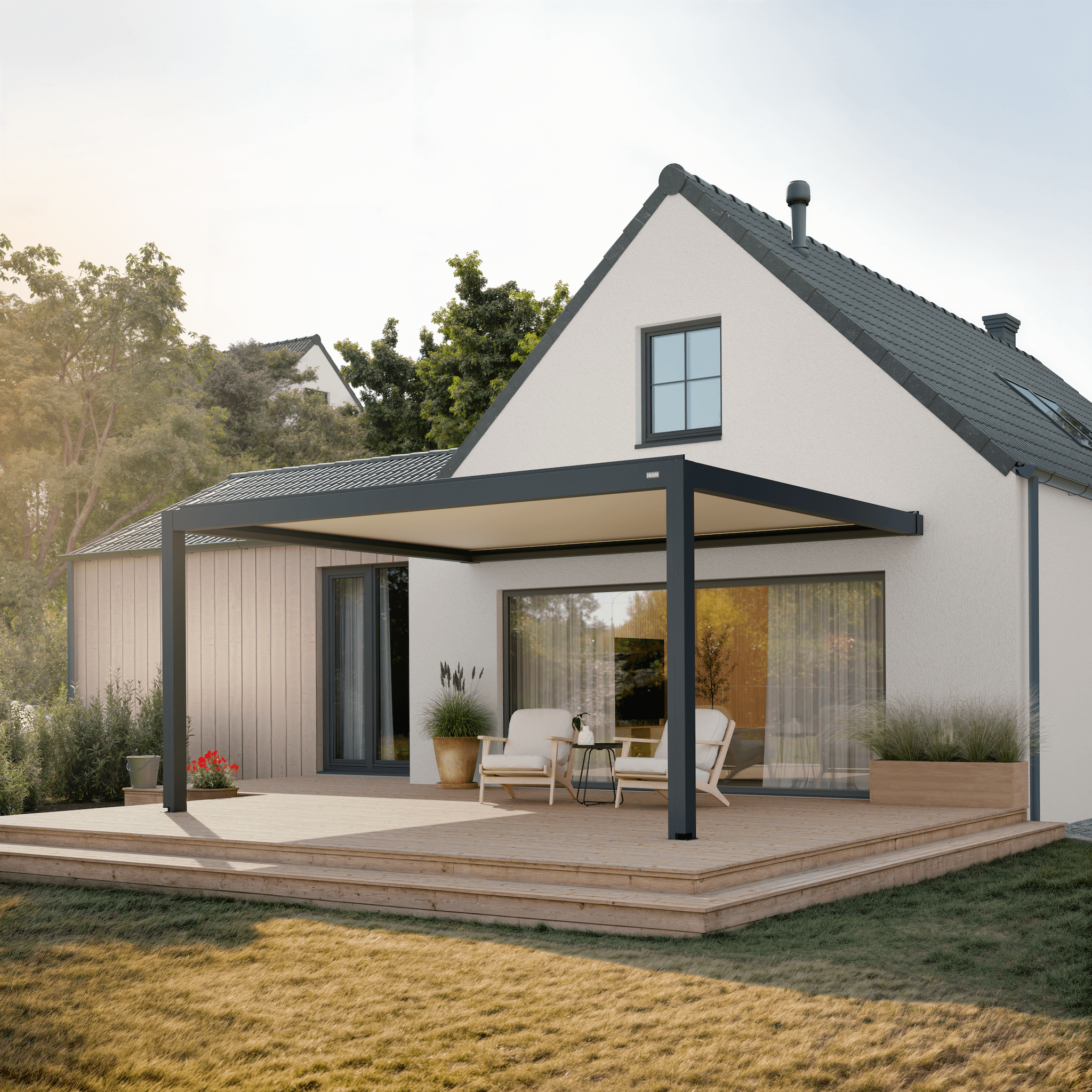 Pergola Classic — 4m x 5m / Anthracite frame / white louvres / Wall-mounted