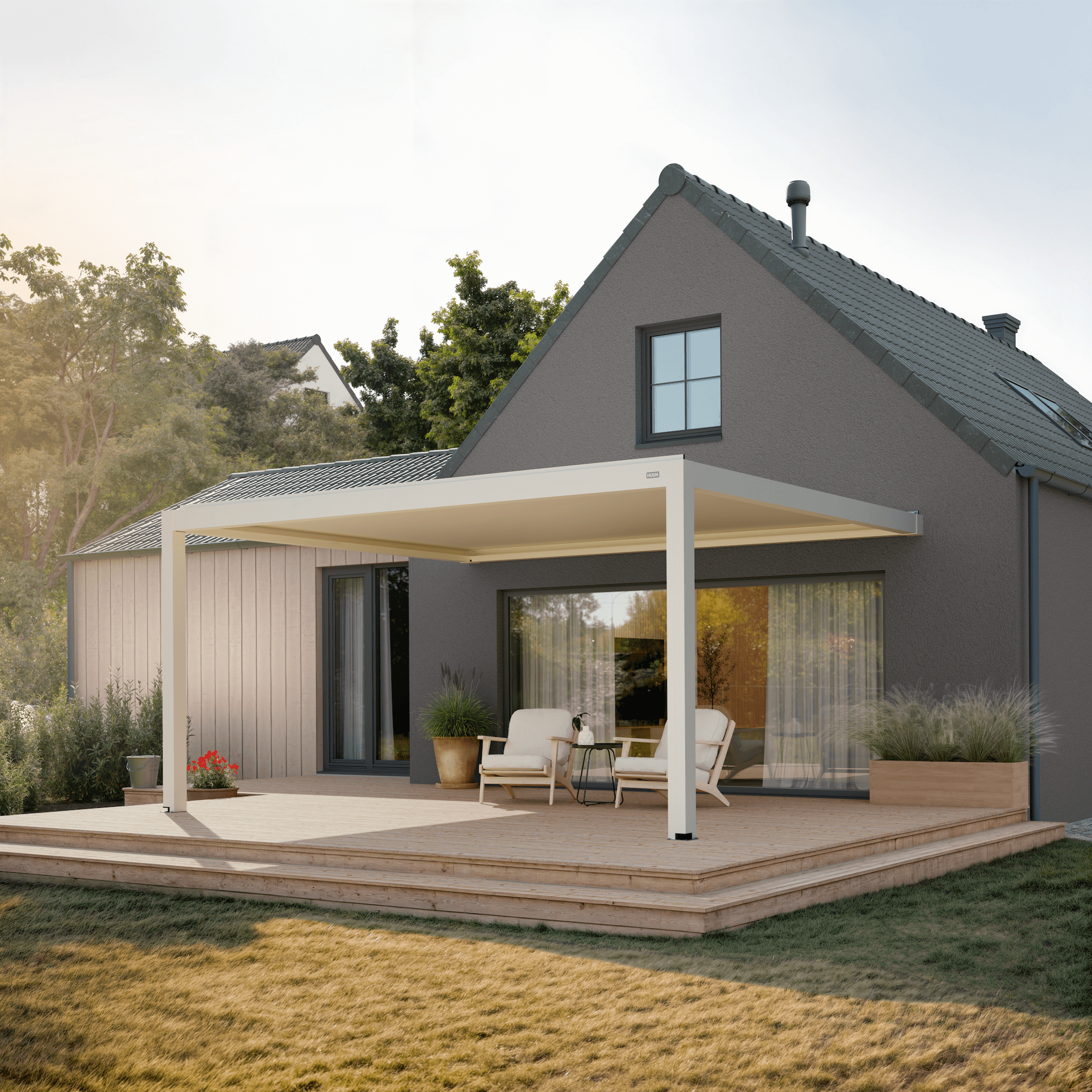 Pergola Classic — 4m x 5m / White (RAL 9010) / Wall-mounted