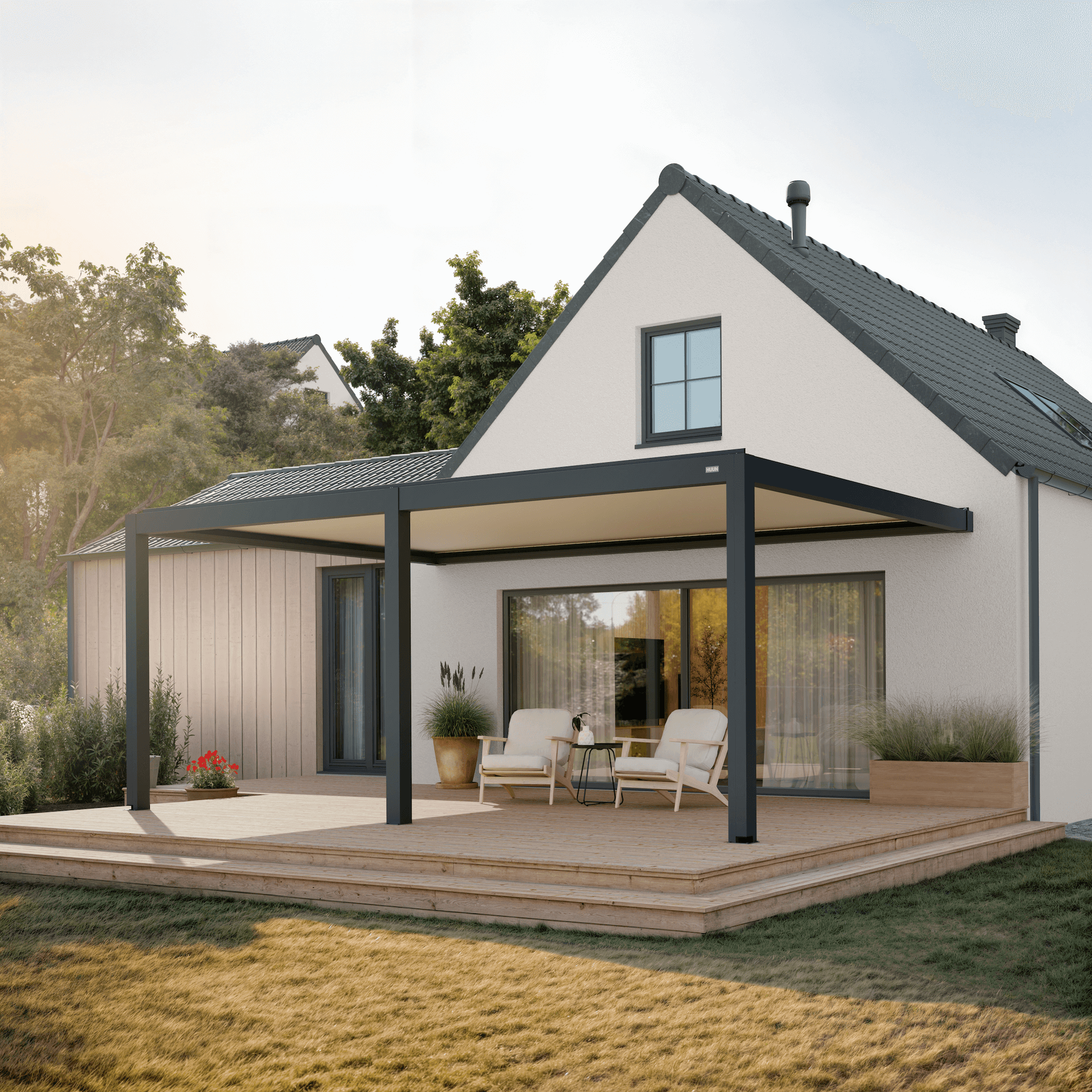 Pergola Classic — 4m x 6m / Anthracite frame / white louvres / Wall-mounted