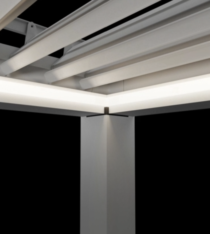 Perimeter LED lighting on white pergola