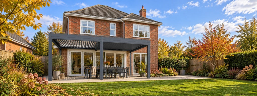 Sunnier louvred aluminium pergola in a UK garden